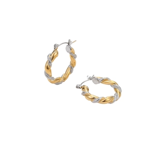 Elegant two-tone twisted round hoop earrings in polished gold and silver stainless steel
