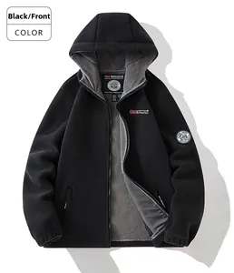 Detailed front view of black fleece hooded jacket with zip closure and logo embroidery