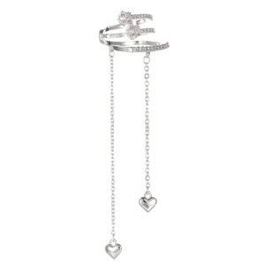 Silver star ear cuff with zircon micro-pave and dangling heart chain tassels for women