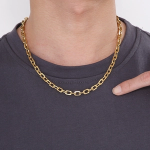 Close-up of gold stainless steel rectangular link chain necklace on model's neck