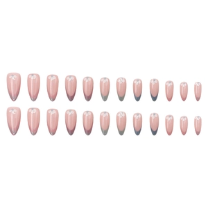 Faux ongles amande dégradé rose avec paillettes argentées et motifs fleurs blanches