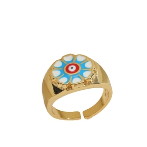 14K gold plated evil eye flower ring with colorful enamel and adjustable open band