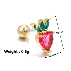 Macro shot of 10mm strawberry earring with red heart crystal and screw ball back