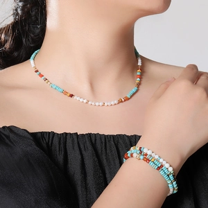 Handmade necklace and multilayer bracelet set with turquoise and white pearl beads