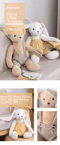 Close-up of plush teddy bear and white bunny toy sets wearing cute patterned pajamas