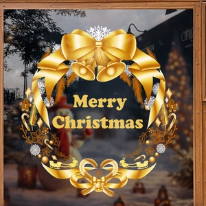 Golden Christmas wreath static window sticker with Merry Christmas bells and snowflakes