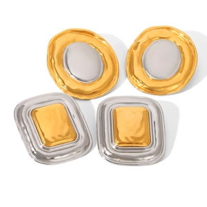 Chic geometric stainless steel earrings in circular and rectangular two-tone polished metal