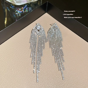 Elegant long silver tassel earrings with sparkling rhinestones on brown leather background