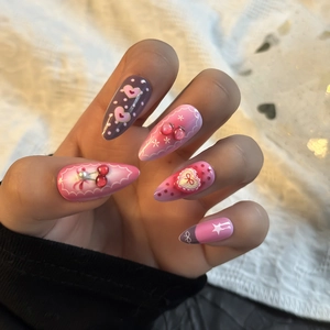 24pcs Valentine's sexy red lip almond press-on nails with 3D cherry and heart designs