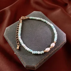 Amazonite bead bracelet with freshwater pearls and gold-plated chain for women