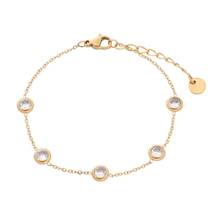 Golden stainless steel bracelet with five round clear zircons and lobster clasp closure