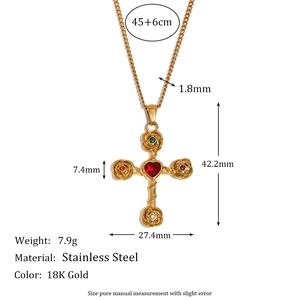 Retro 18K gold plated stainless steel cross necklace with colorful zircons and dimensions