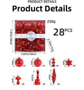 Detailed view of 28pcs red Christmas ornaments with various textures and shapes