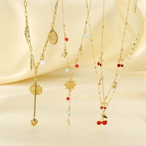 Stainless Steel Layered Necklace Heart Moon Star Cherry Pendant Clavicle Chain For Women Bohemian Jewelry Boho Accessories