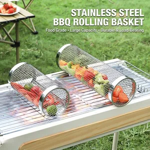 Portable stainless steel rolling grill basket set for outdoor BBQ camping vegetables