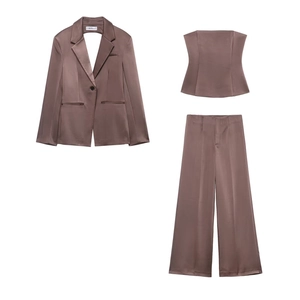 Women Elegant Satin Blazer Separates Mauve Pink Polyester Tube Top And Back Slit Jacket High Waist Wide Leg Trousers