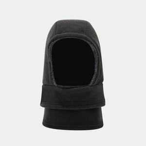 Detailed close-up of high-density black fleece balaclava showing warm fabric texture