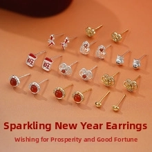 Detailed set of S925 silver Chinese New Year stud earrings with festive red and gold elements