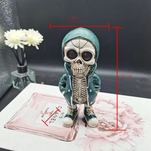 Cool skeleton alien figurine in dark green hoodie standing 14cm tall for home decor