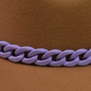 Brown wool felt fedora hat featuring a contrasting light purple chain accent strap