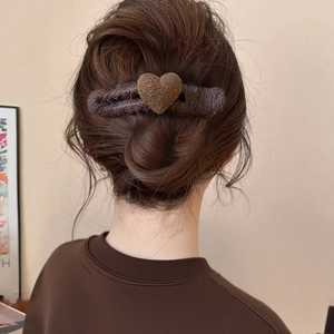 Brown plush heart hair clip for elegant updos, cozy winter acrylic hair accessory