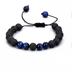 Bracelet pour hommes en lave volcanique et œil de tigre bleu 8mm cordon ajustable