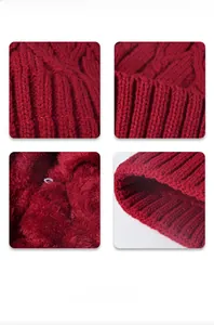 Detail of dark red cable knit fabric and thick thermal fleece lining for winter warmth