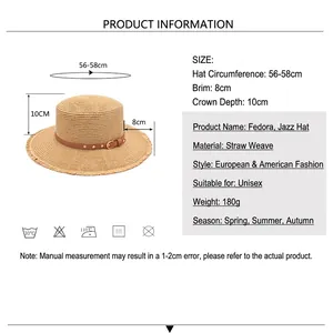 Flat top straw sun hat with leather belt and dimensions 56-58cm for spring and summer