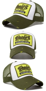 Three-angle views showing distressed brim and vintage Western patch on trucker hat