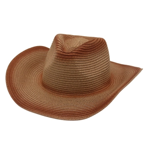 Western style gradient straw cowboy hat with a wide brim and foldable windproof rope design