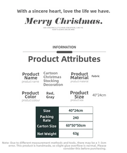 Detailed size and material specifications for cartoon Christmas stockings in red and gray
