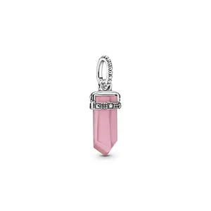 Pink hexagonal crystal pendant with silver star engraved charm bead and classic clasp