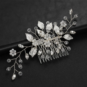 Elegant silver leaf hair comb with pearls and crystals for bridal wedding hairstyles