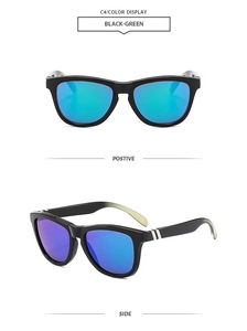 Front and side view of retro square sunglasses with black frame and green gradient lenses