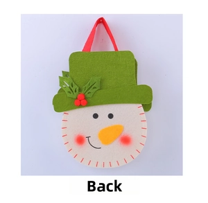 Detail of Christmas snowman felt gift bag with green hat and red ribbon handle