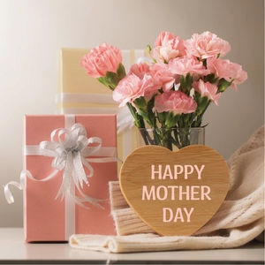 Waterproof vinyl letter stickers on Mother's Day gift boxes with pink carnations