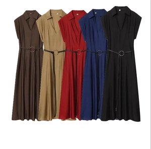 Robe Maxi Sans Manches Pour Femmes Col En V Revers Couleur Unie Robe Longue Élégante Avec Ceinture À Anneau