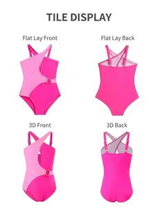 Detail view of pink one-shoulder girls' swimsuit with side gold buckle and multi-angle views