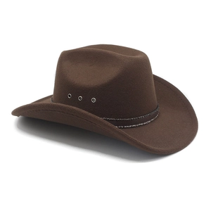 Classic dark brown felt western cowboy hat with wide brim and breathable metal eyelets