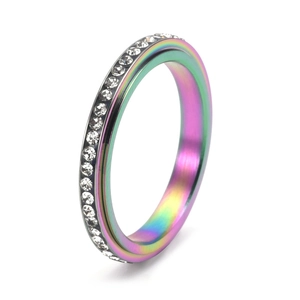Elegant rotating rainbow stainless steel ring for women with sparkling white crystals