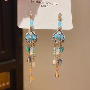 Detailed close-up of S925 vintage drop earrings with blue crystal beads and golden chains