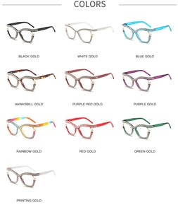 Matrix view of cat eye glasses frames with diamond and pearl accents in multiple colors