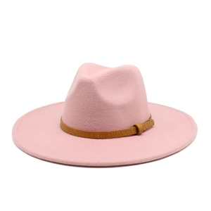 Detailed view of pink wool fedora hat featuring a brown snake pattern belt with gold buckle