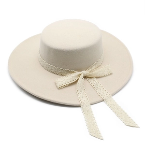 Chapeau Canotier Élégant En Laine Couronne Plate Large Bord Style Français Vintage Avec Noeud En Ruban De Dentelle