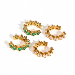 Set of four 18K gold plated stainless steel ear cuffs with green and white zircon stones