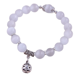 Minimalist cat eye stone beaded bracelet with silver hollow sphere pendant for women