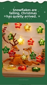 Close-up of festive star and tree shaped LED string lights with reindeer figurines