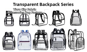 Collection of transparent PVC backpacks with black trim and various pocket designs