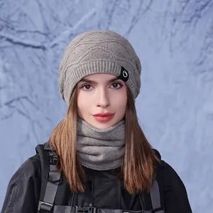 Women's grey winter knit hat and neck warmer set with fleece lining for cold weather