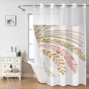 Detail of waffle shower curtain featuring colorful leaf prints and clear window view